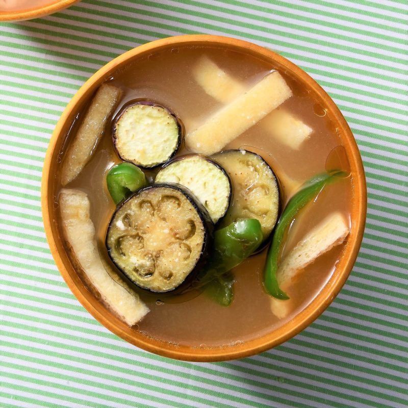 Eggplant and green pepper miso soup e1597209672581