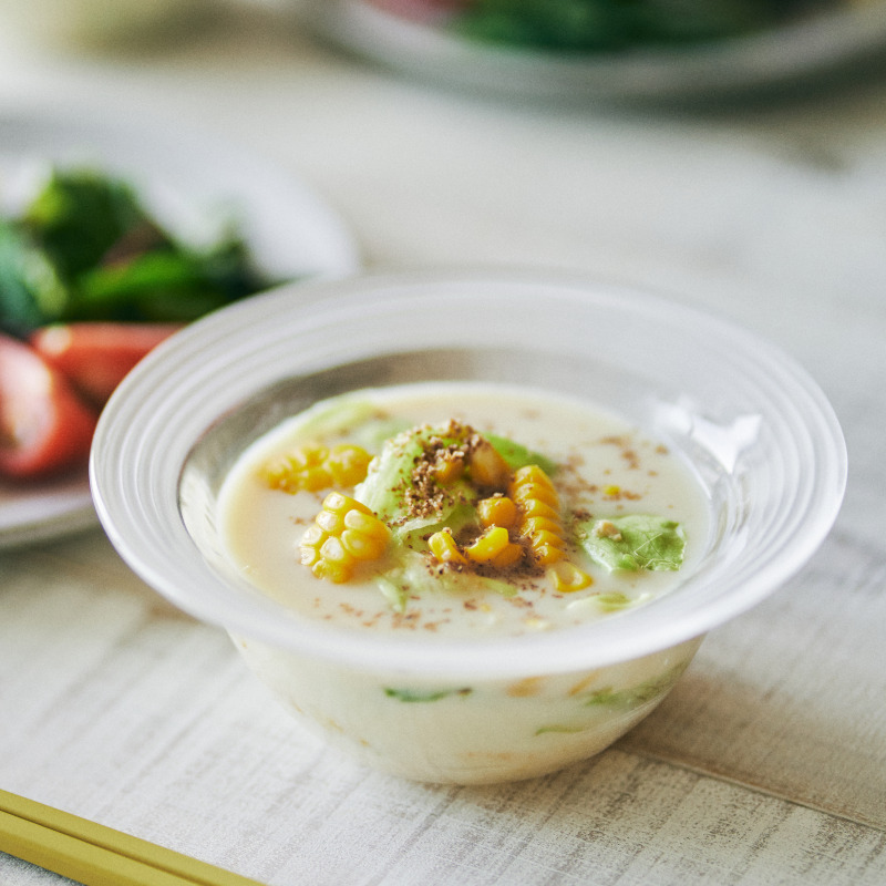 chilled miso soup with lettuce and corn