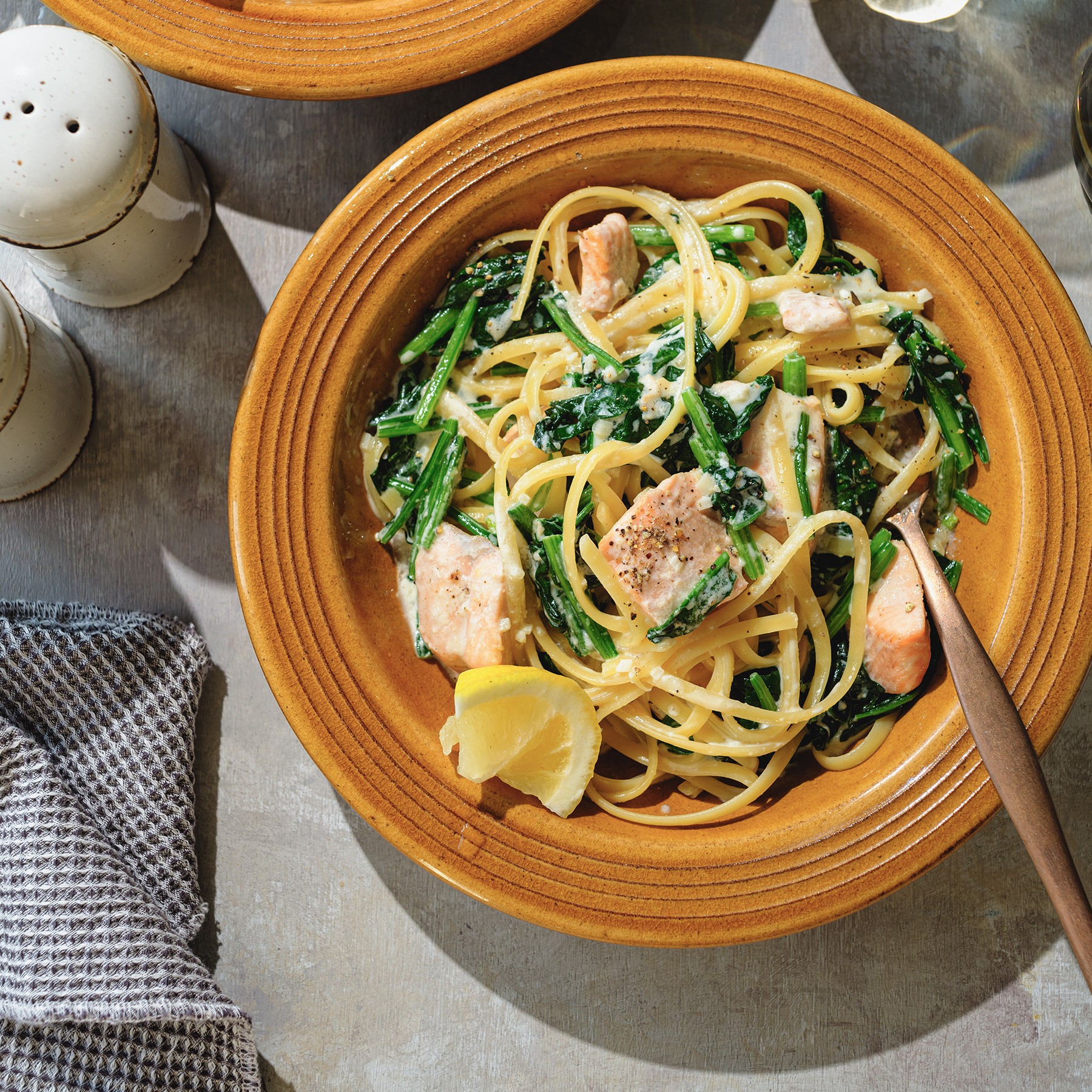 Creamy Miso Salmon Linguine with Spinach