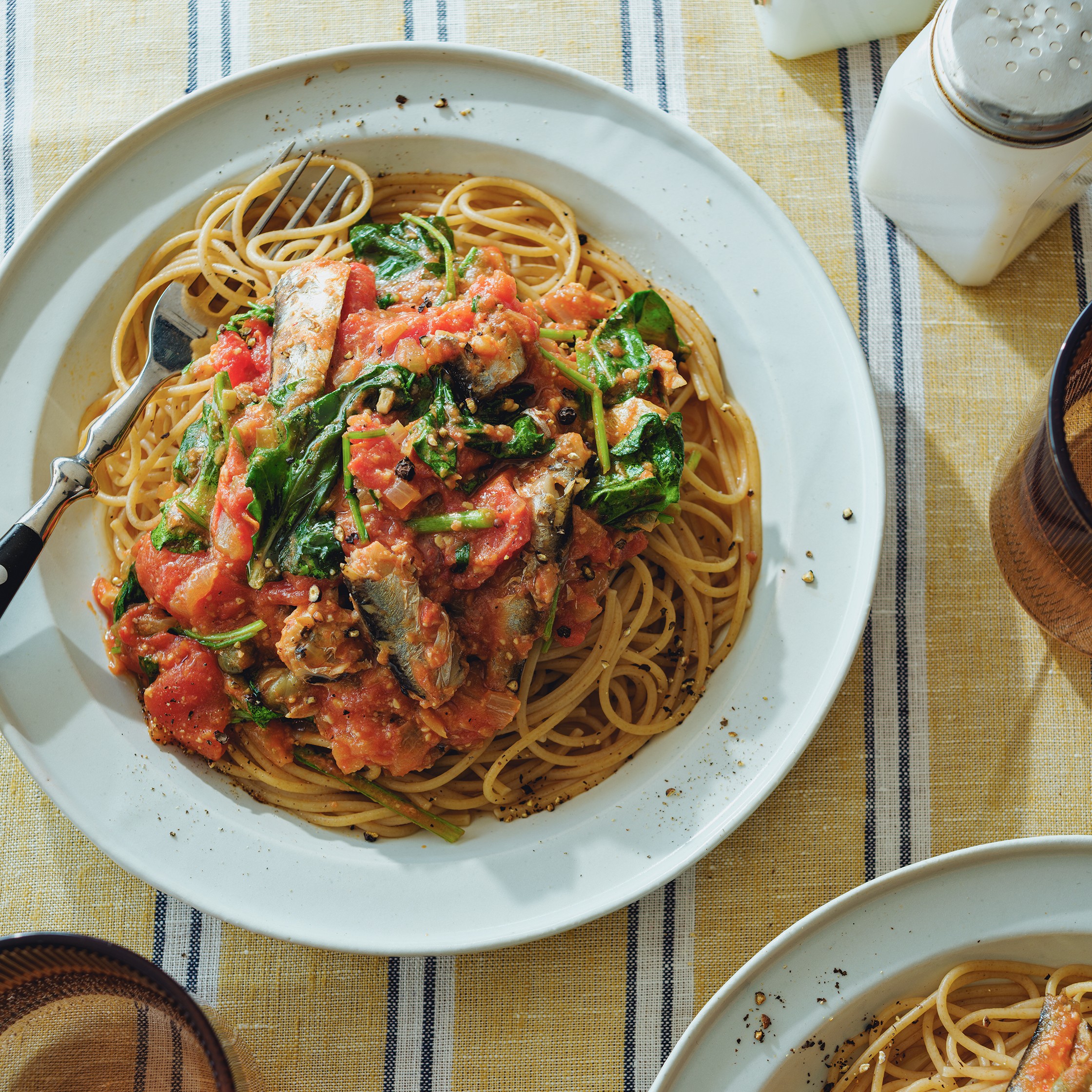 miso tomato spaghetti with sardines and rocket