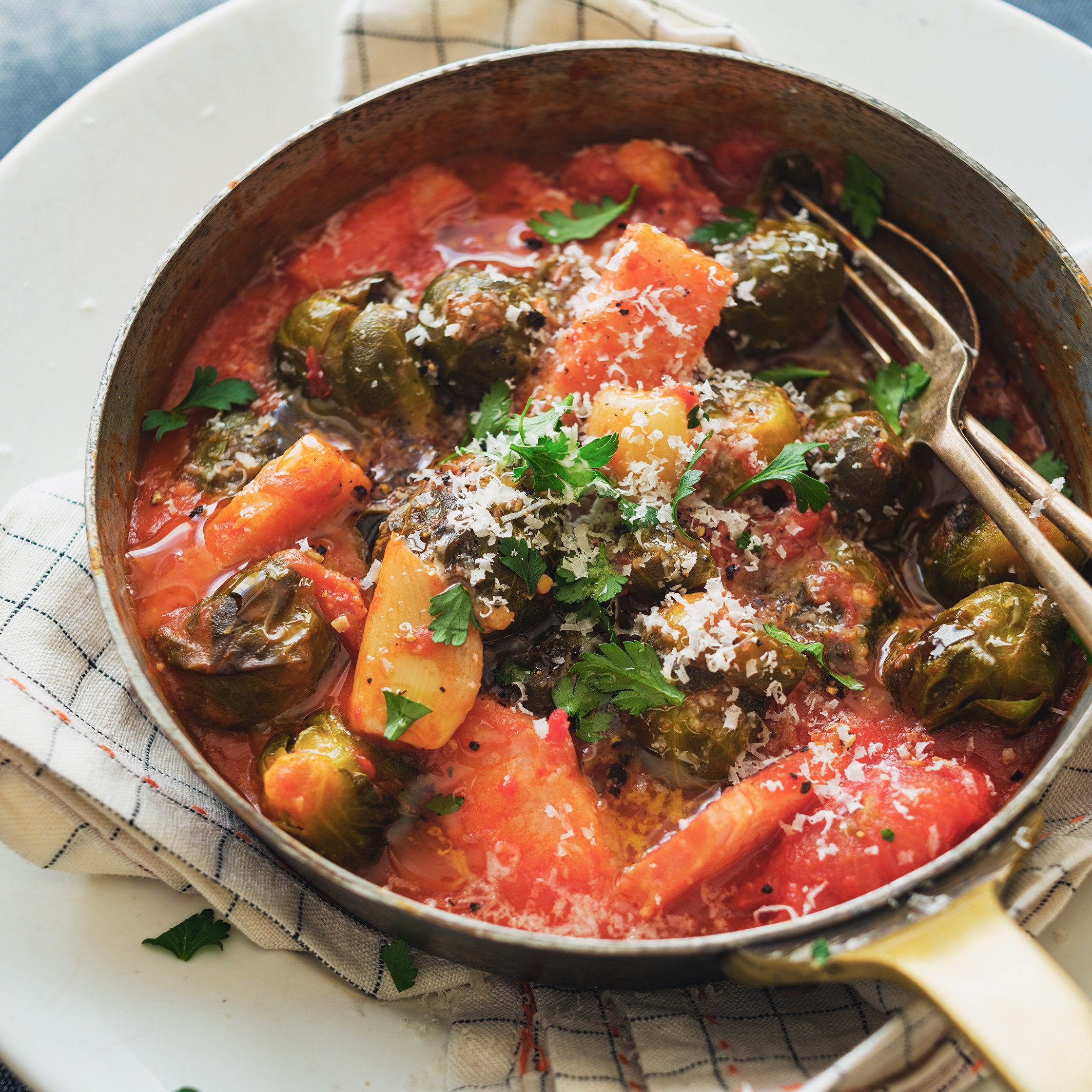 Brussel Sprouts Tomato Mio Stew with Bacon