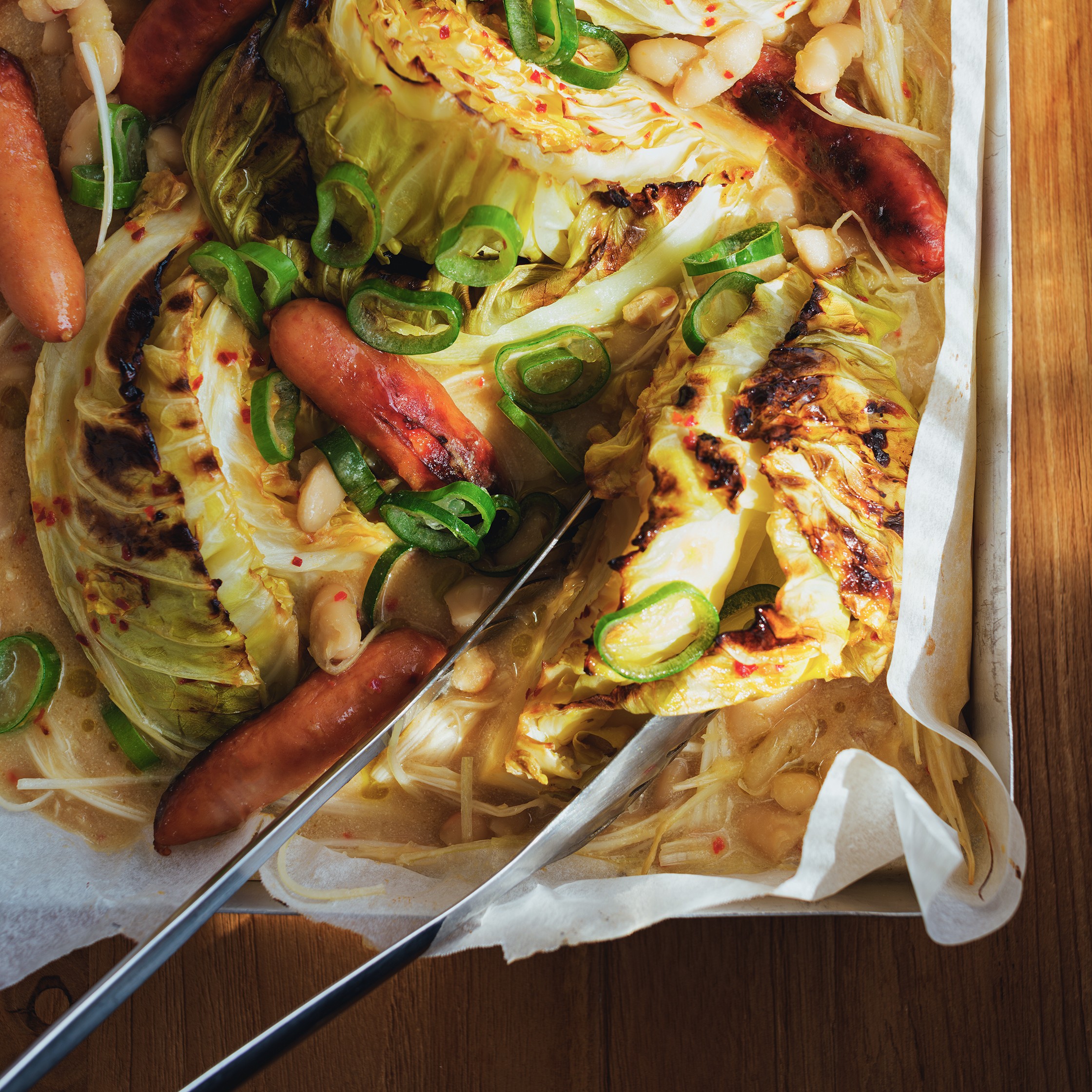 Sheet-pan sausage- cabbage and beans with miso