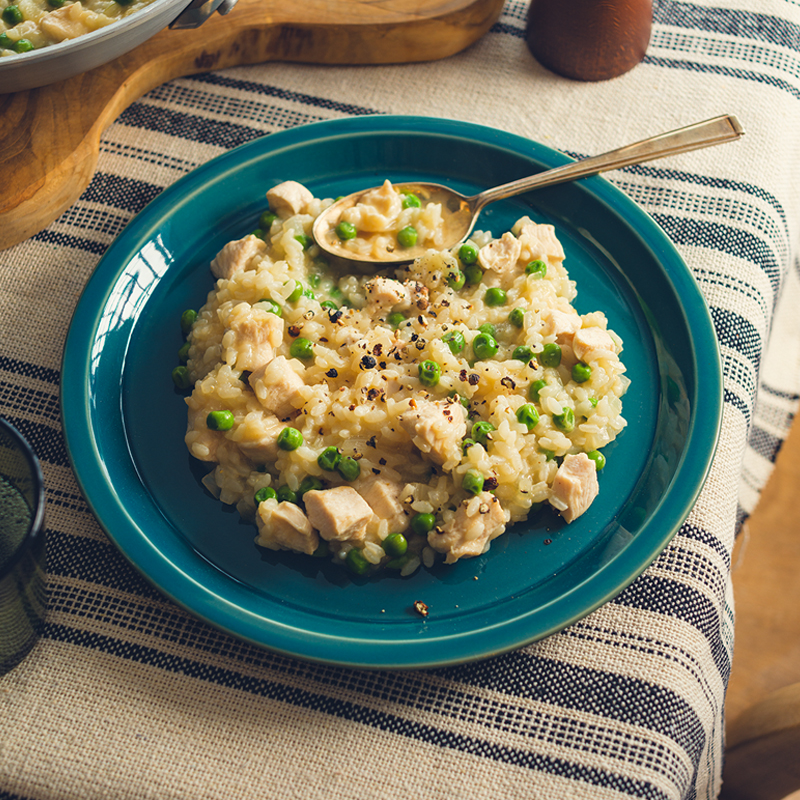 chicken and green pea risotto with miso cream